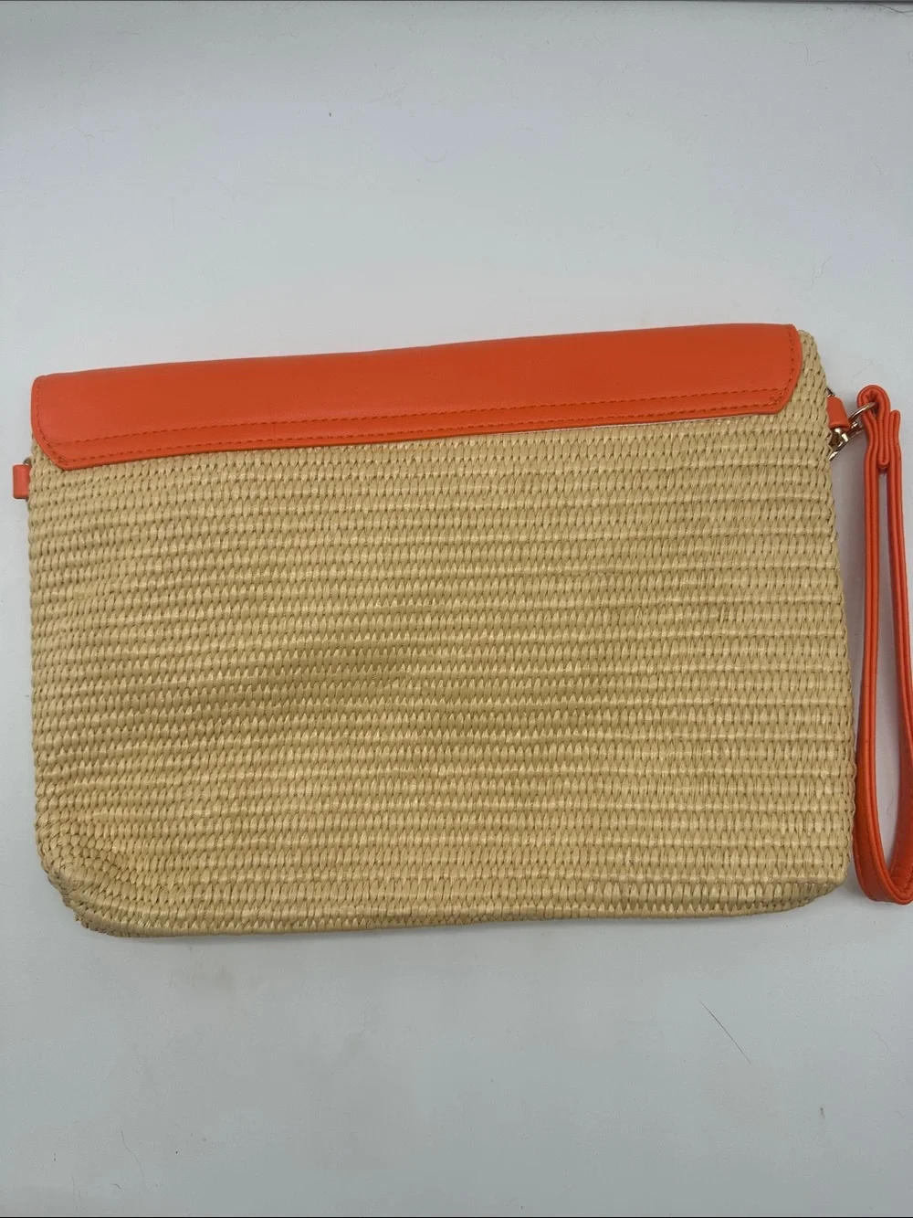 Handcrafted Orange Straw Clutch with Beaded Floral Accent